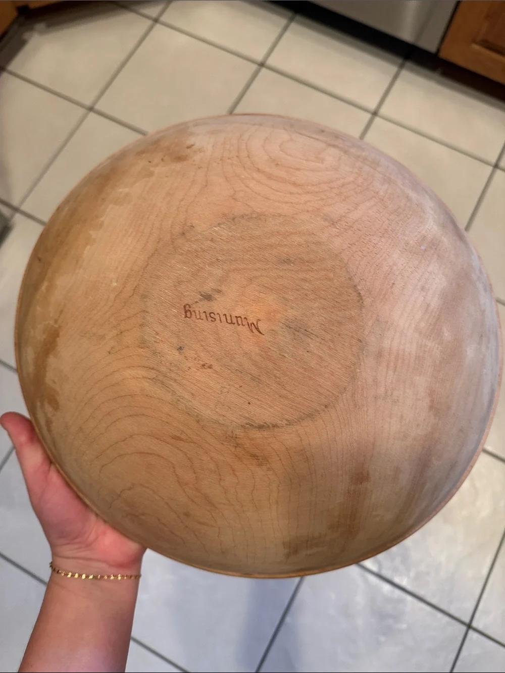 Munising Wooden Dough Bowl, Off Round, 1930’s